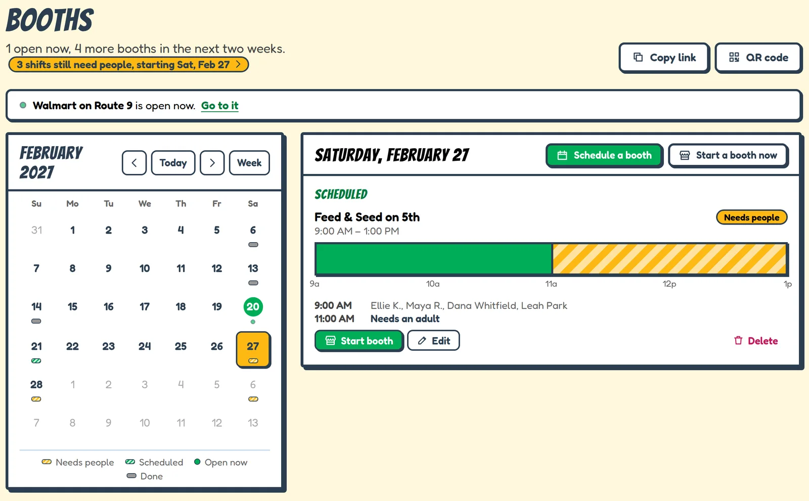 The Booths page: a calendar with a booth on February 27 that needs people, and its timeline with the second shift striped.